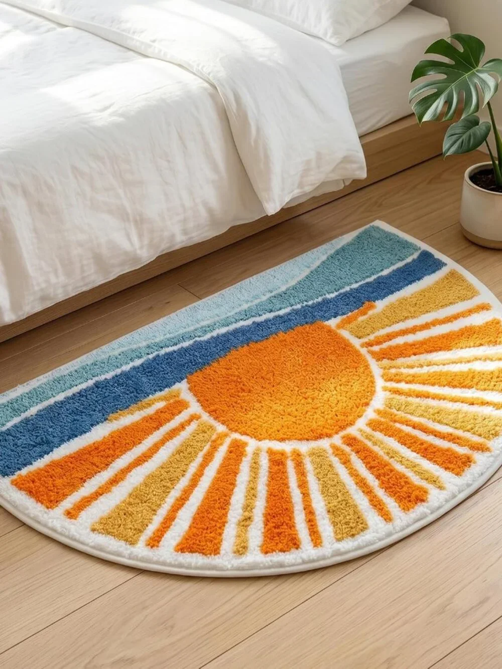 Boho Sun Bath Rug, Half Circle Bath Mat, Soft Plush Fluffy Absorbent Quick Dry S